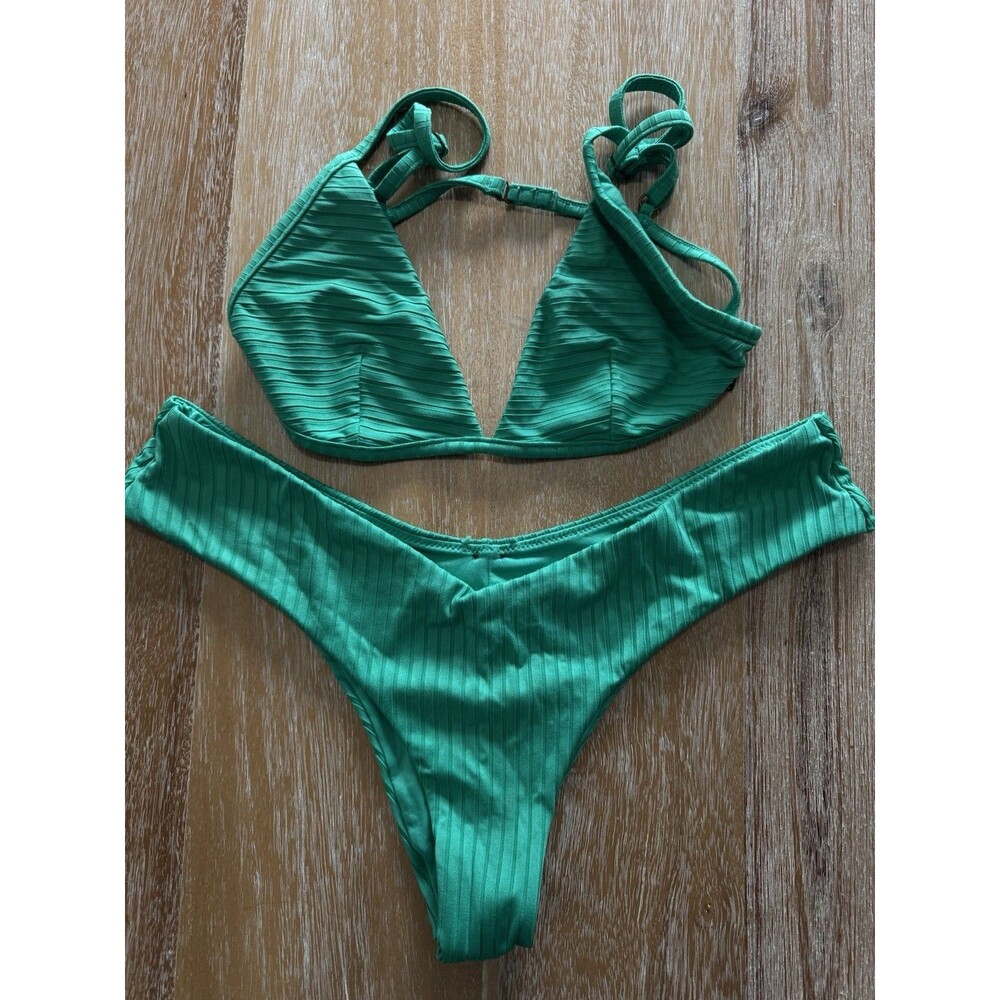Rip Curl Premium Surf Bikini Set Small S/M Kelly Green Ribbed Triangle High Cut